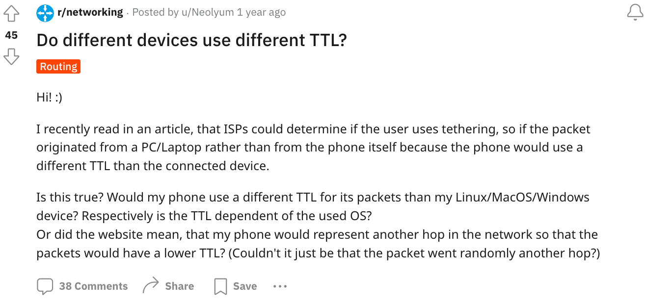 A user asking about TTL in Reddit's r/networking subreddit