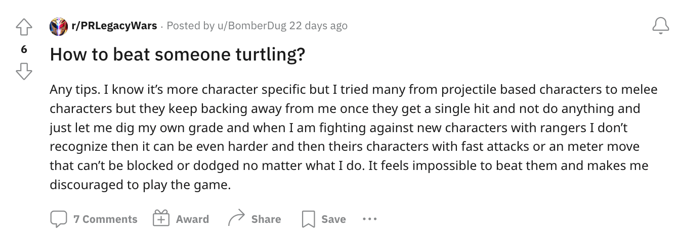 A Power Rangers Legacy Wars player asking how to beat turtling opponents