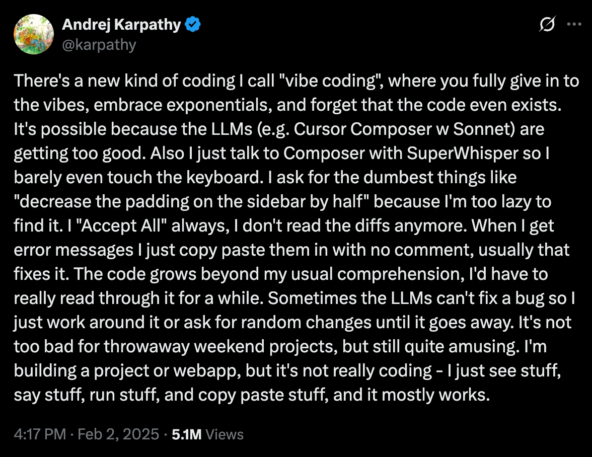 Andrej Karpathy "vibe coding" social media post