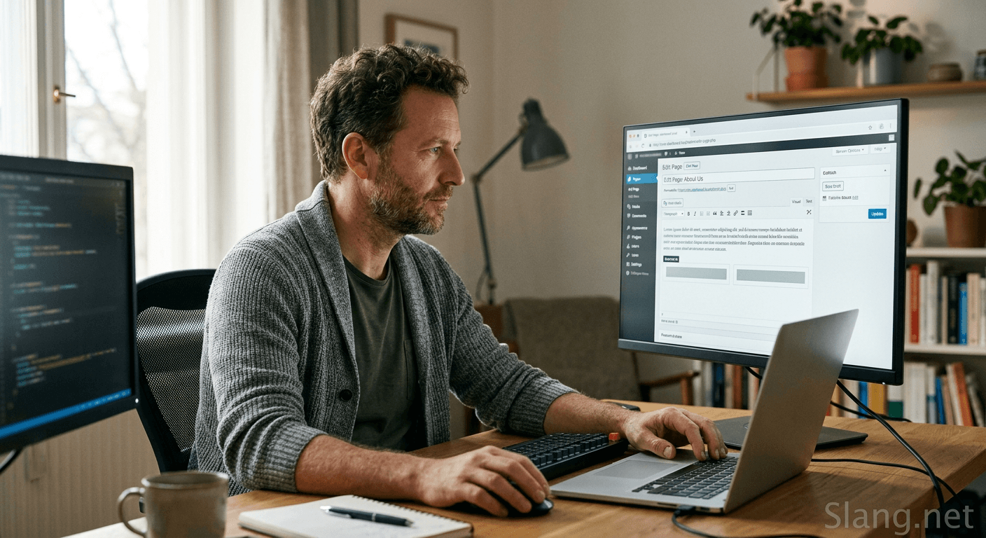 A content specialist using a WCMS in his home office