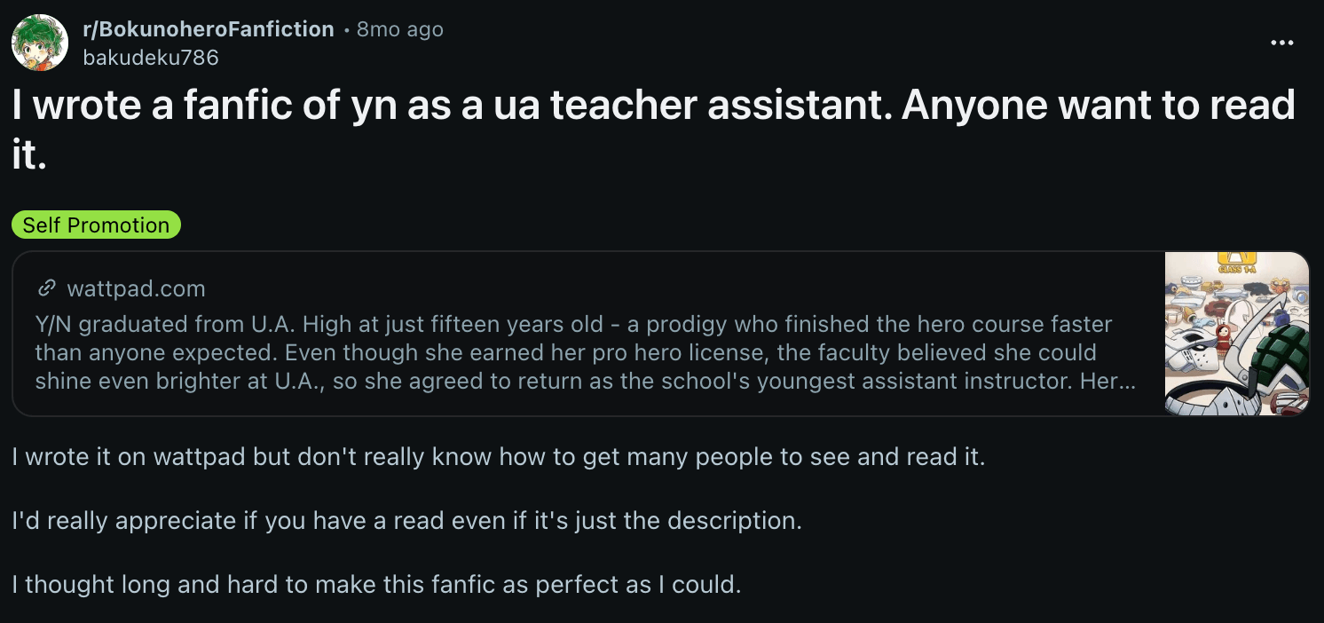YN fanfic post on Reddit