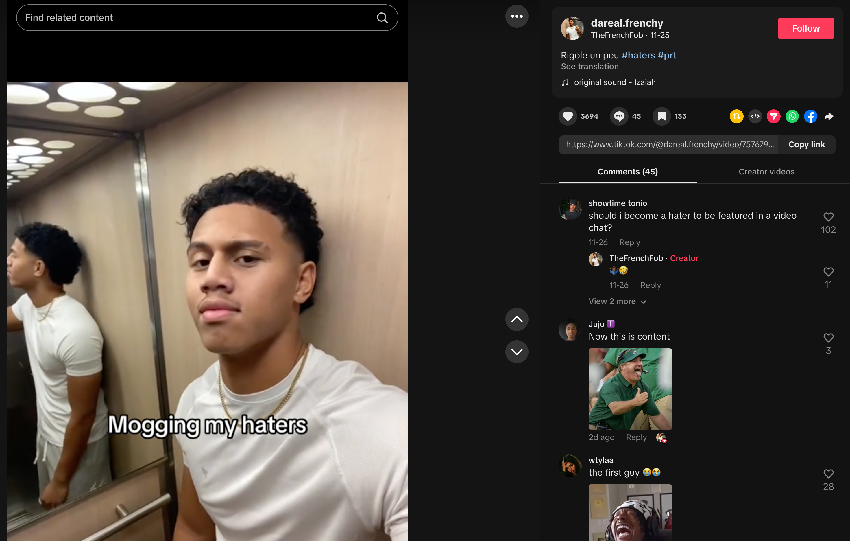 A TikToker mogging his haters