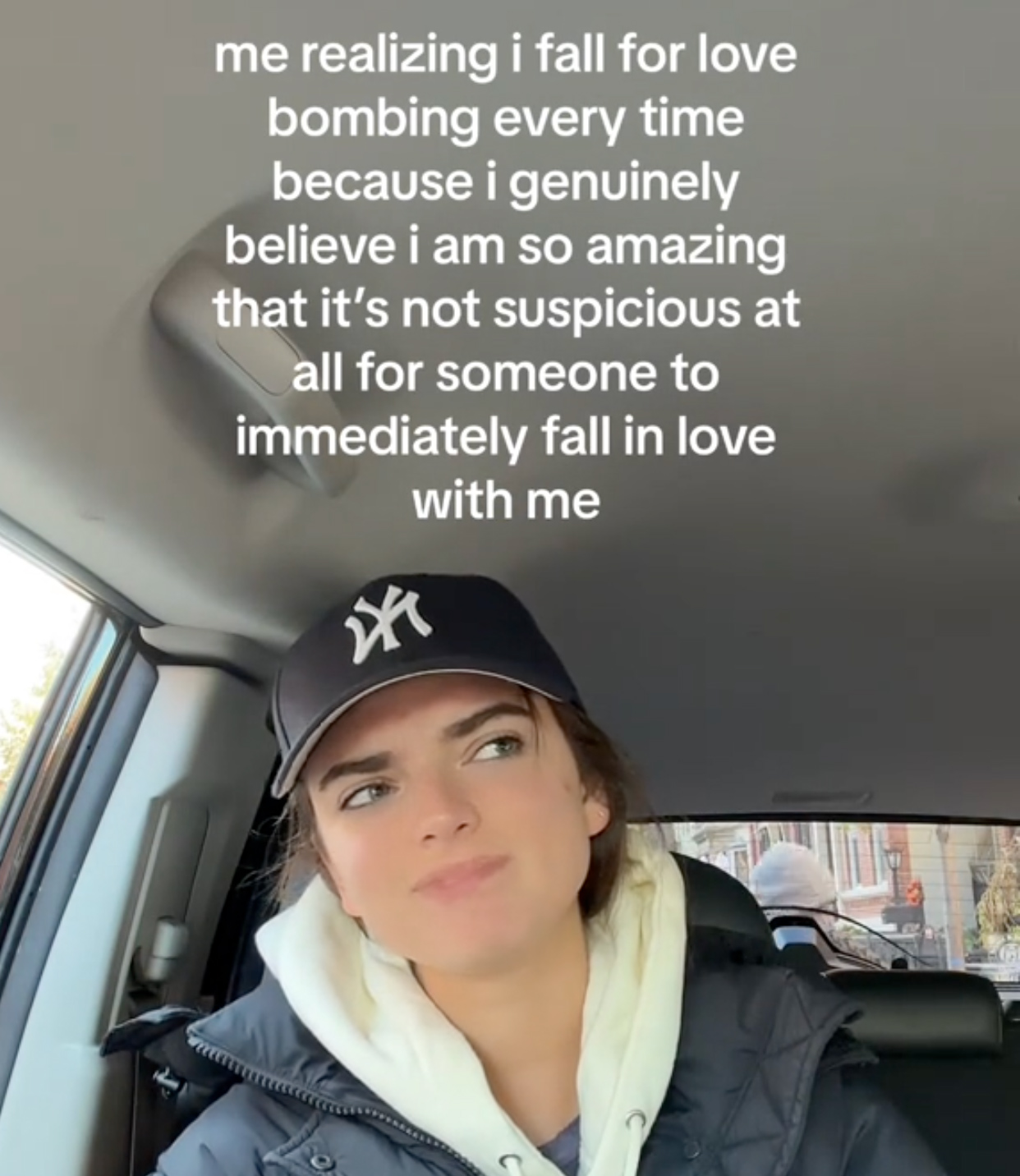 A woman realizing that she falls for love bombing because she thinks she's so great