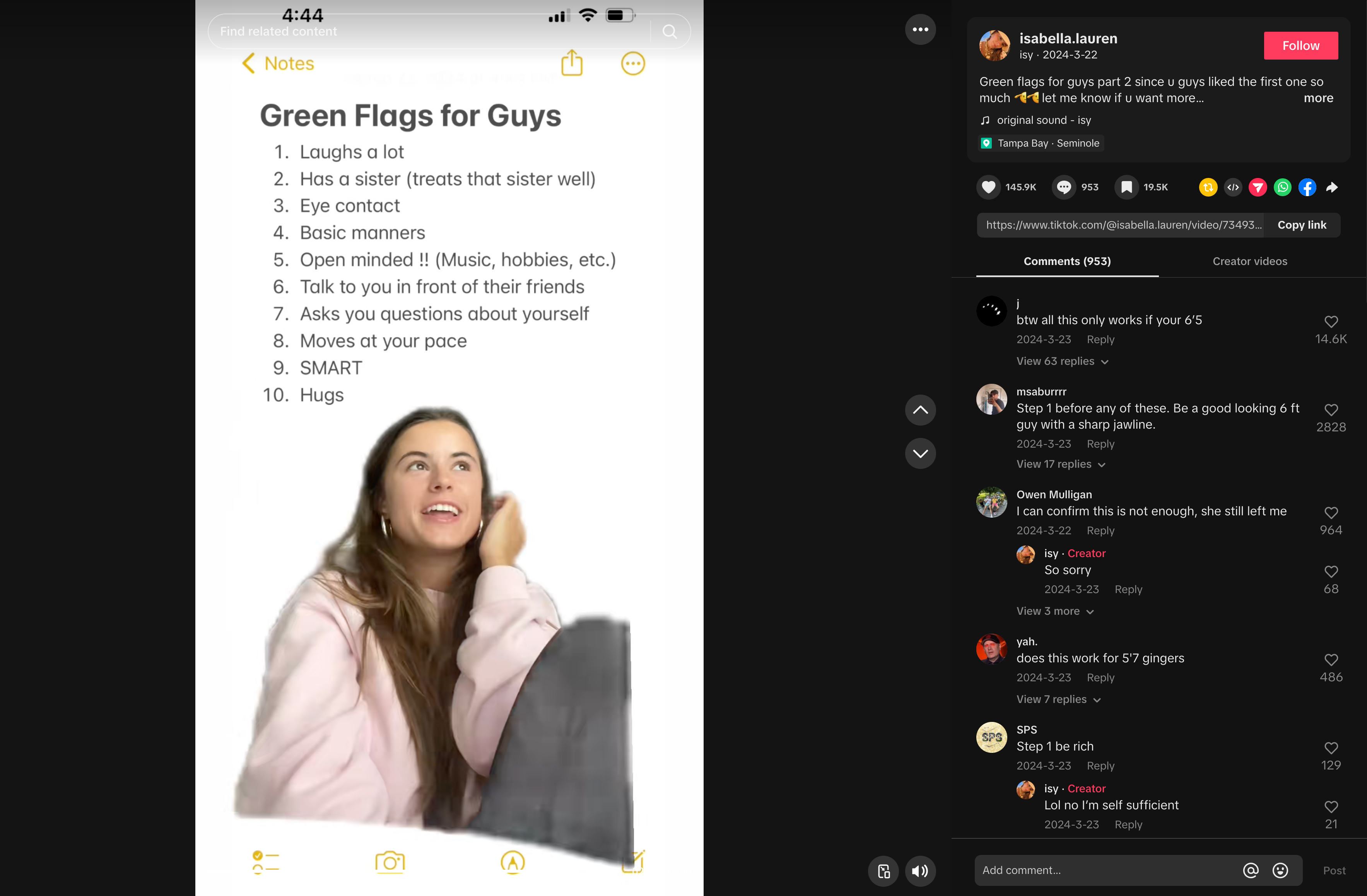 TikToker reviews her green flags for guys