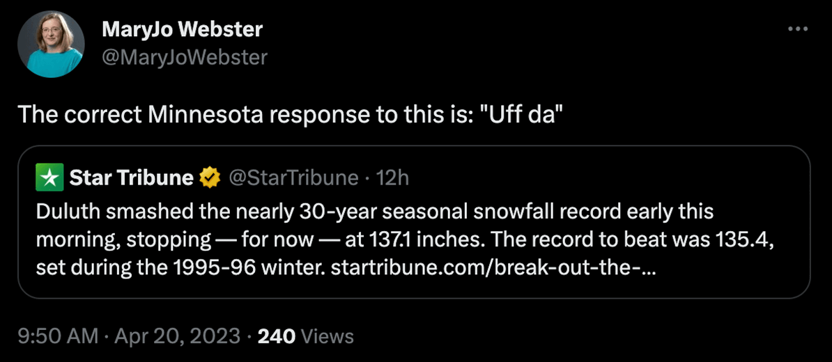 Uff da tweet about breaking snowfall records